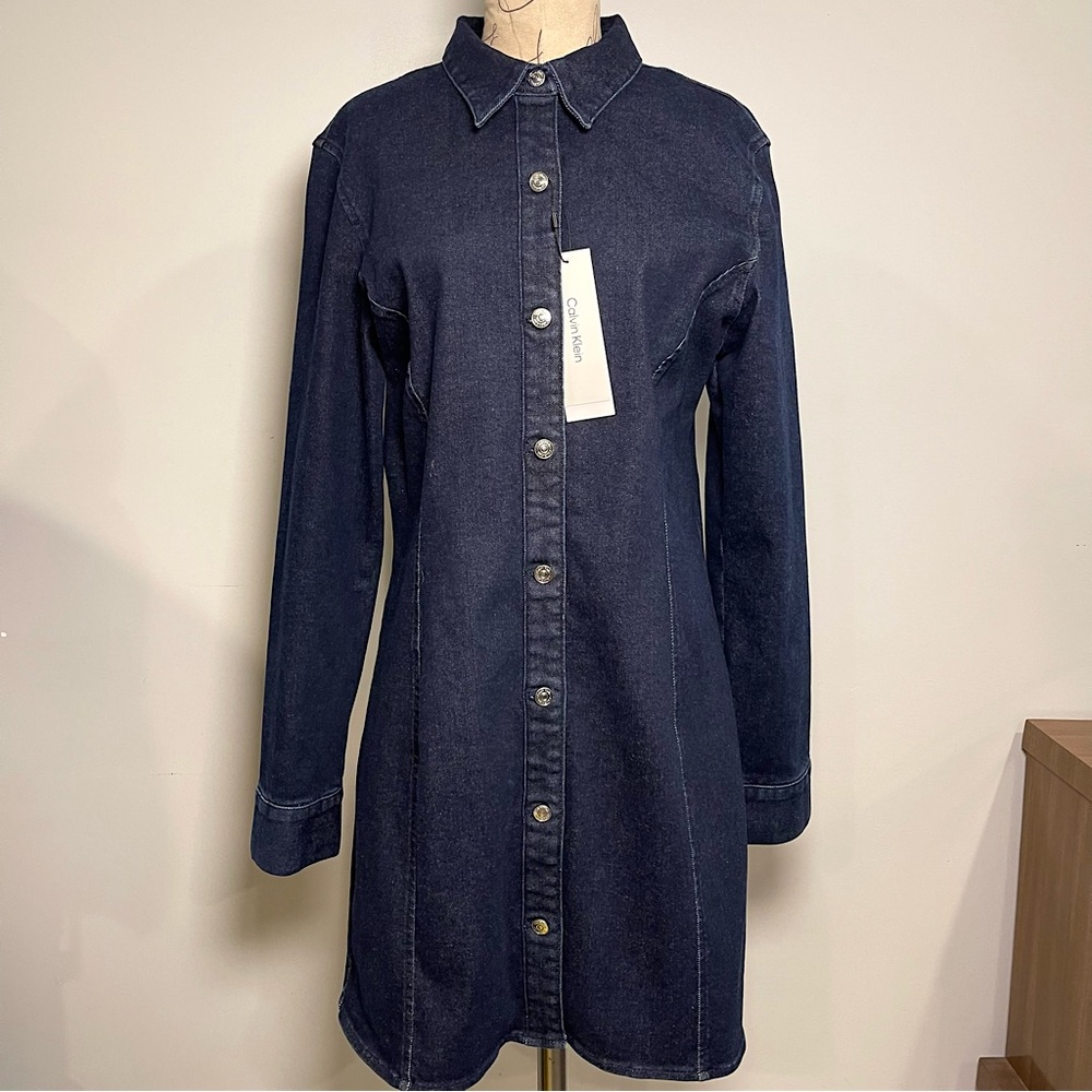 Large Calvin Klein Button-Down Super Stretch Dark Denim Shirt Jacket Dress